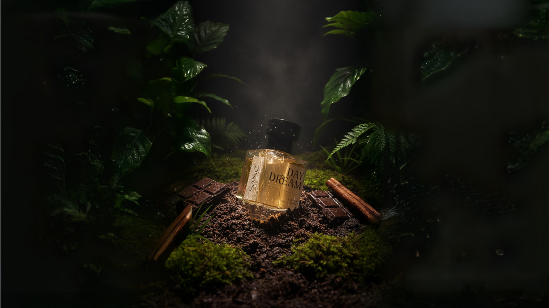 The SANC Theory Day Dream parfum bottle placed on rich forest soil with water droplets, surrounded by chocolate chunks, cinnamon sticks, green tropical leaves, and soft mist in a moody nature-inspired setting.