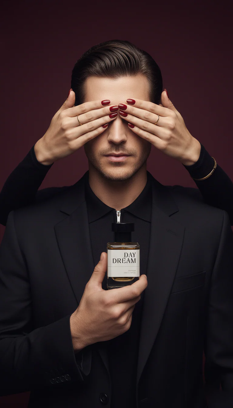 “Day Dream luxury men’s perfume held in a dramatic dark portrait where a woman’s hands cover the man’s eyes.