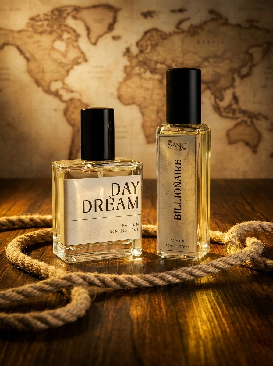 Two perfume bottles labeled 'Day Dream' and 'Billionaire' on a wooden surface with a world map in the background.