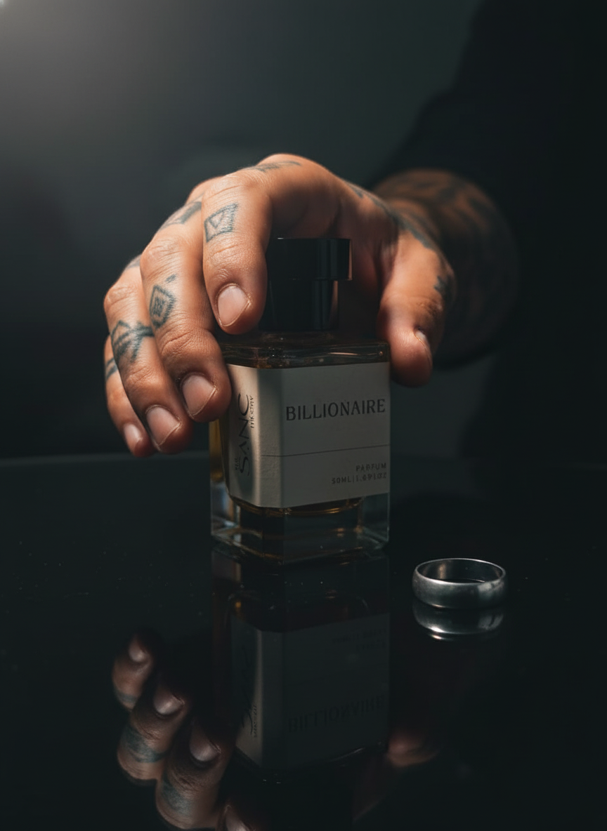 The Sanc Theory Billionaire perfume bottle placed on a reflective black table with a tattooed hand reaching for it.