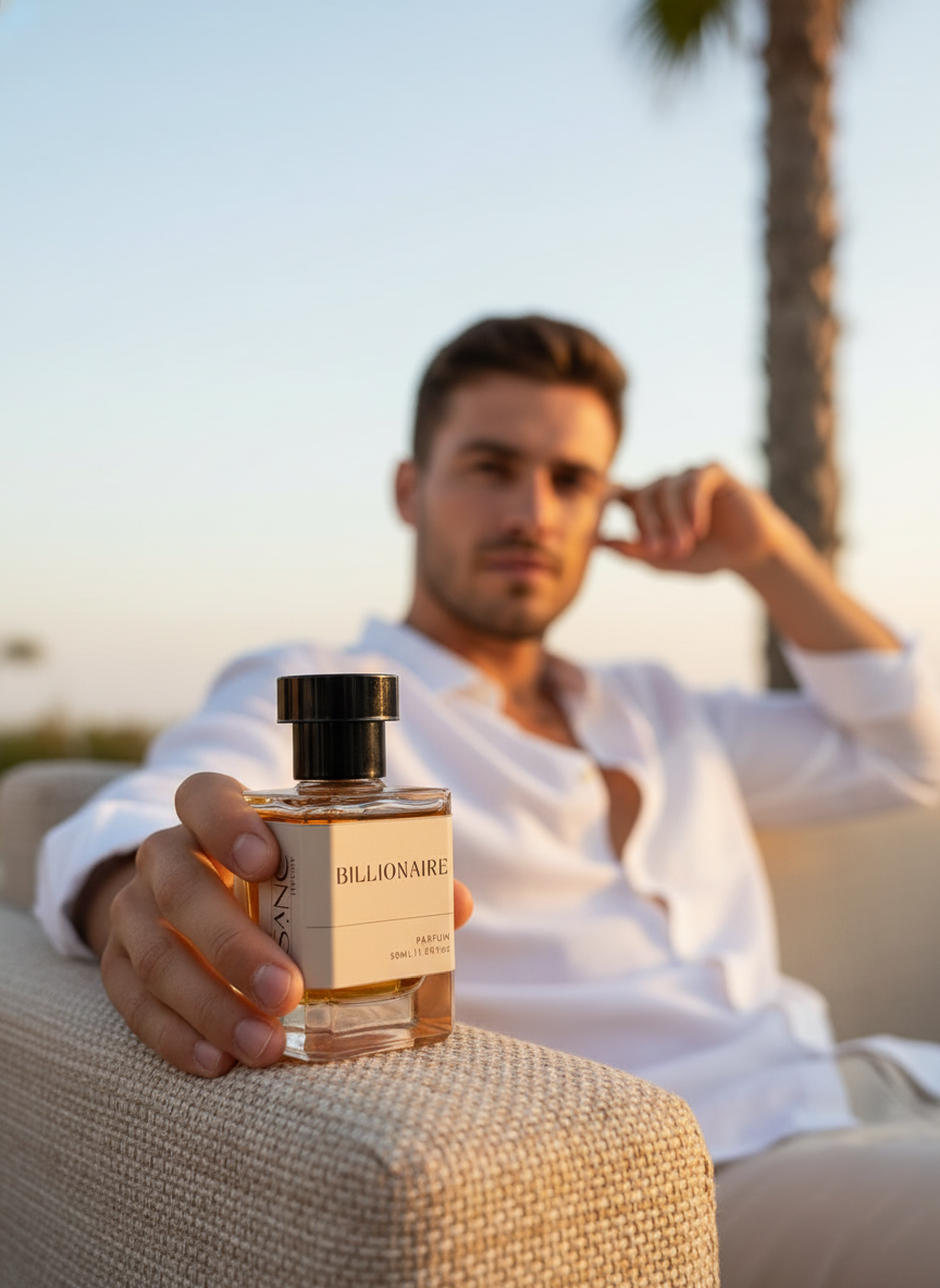 Man holding a 'Billionaire' perfume bottle with a blurred outdoor background