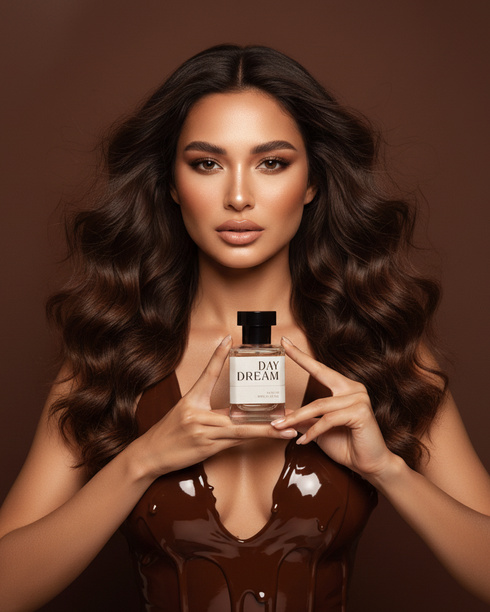 A woman covered in glossy melted chocolate holding a Day Dream perfume bottle by The SANC Theory, photographed in warm studio lighting.