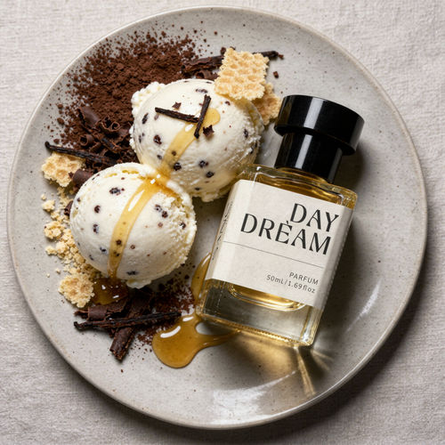 Two scoops of ice cream with a bottle of 'Day Dream' perfume on a plate.