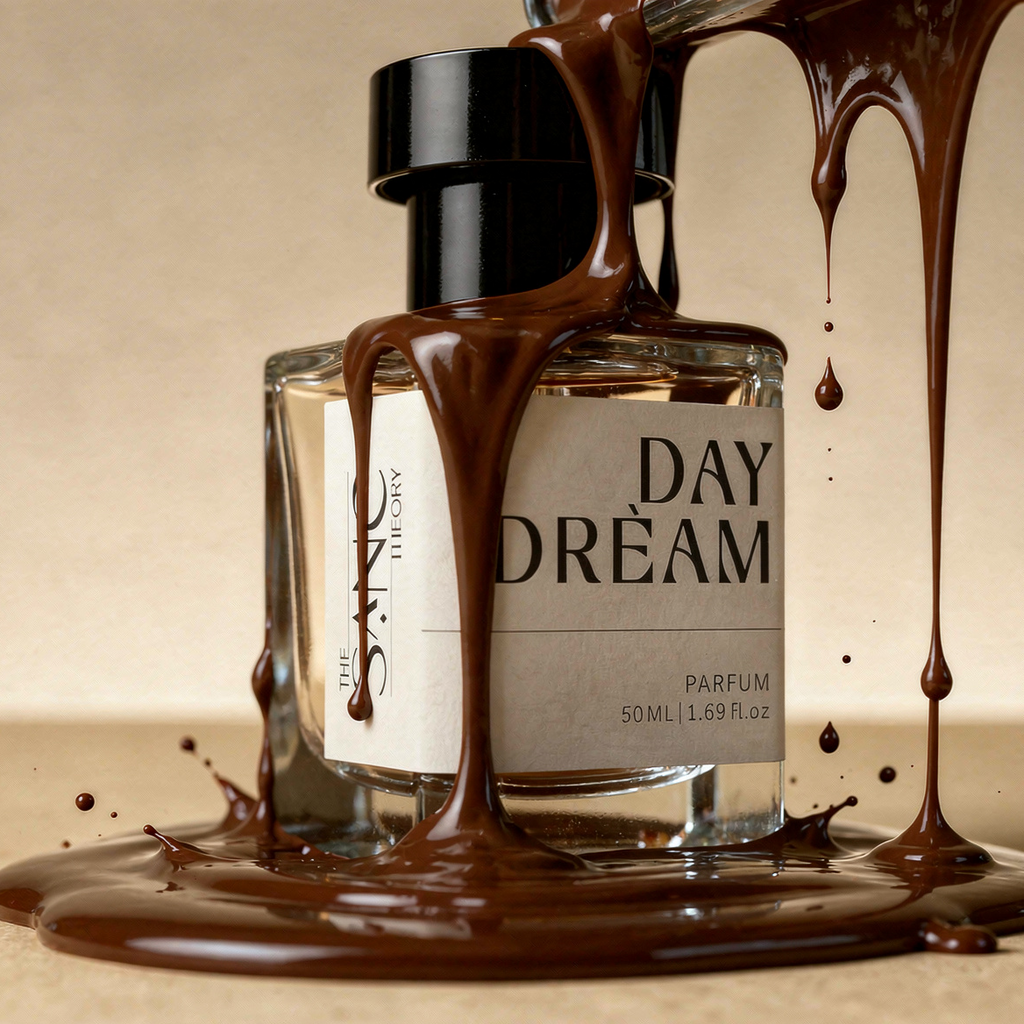 Perfume bottle labeled 'Day Dream' with chocolate being poured over it on a beige background