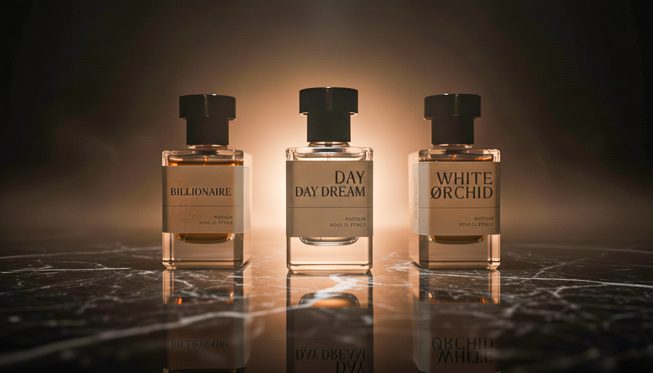 Three luxury perfume bottles — Billionaire, Day Dream, and White Orchid by The SANC Theory — placed on a reflective marble surface with warm studio lighting.