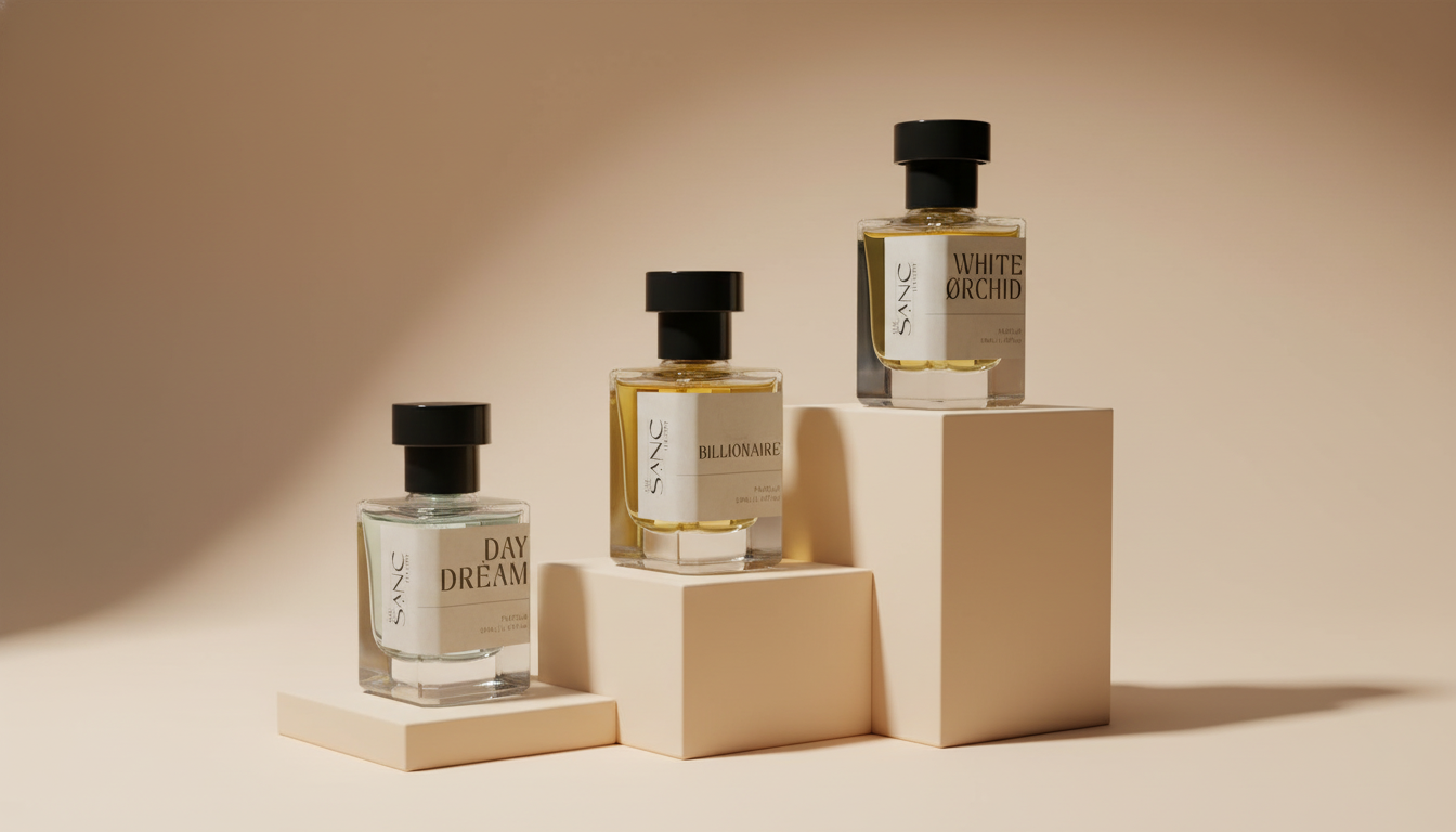 Three premium perfumes — Day Dream, Billionaire, and White Orchid by The SANC Theory — arranged on beige podium blocks under soft studio lighting.