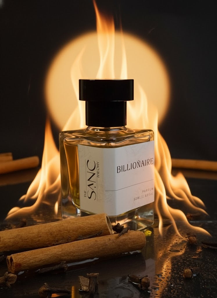Luxury men’s Billionaire fragrance by The Sanc Theory showcased with flames and rich warm spices.