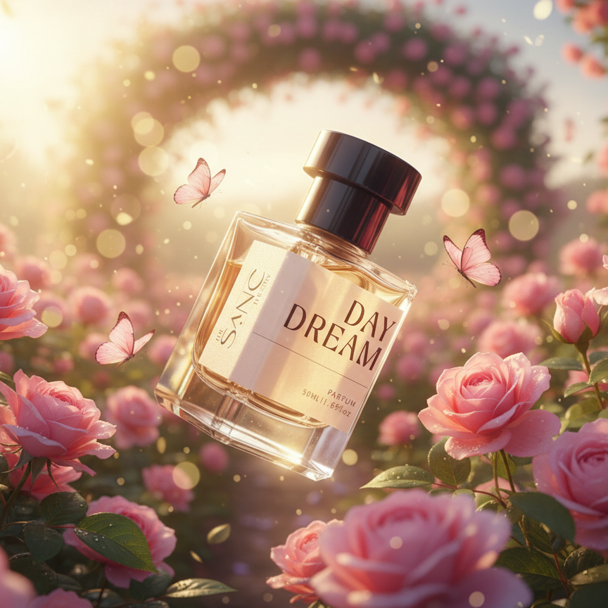 The Sanc Theory Day Dream perfume bottle placed in a garden of pink roses with dreamy golden-hour lighting.