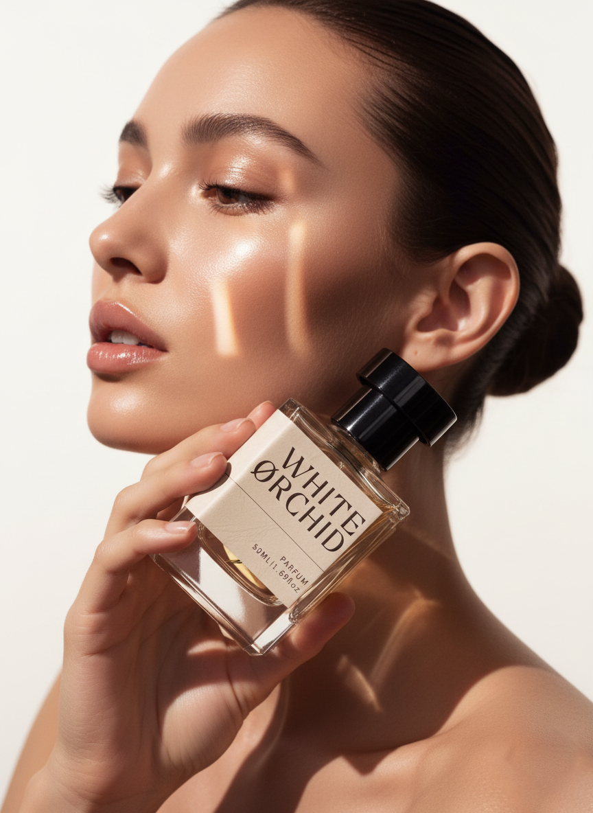 White Orchid luxury perfume bottle held near the face of a woman in a soft glowing beauty portrait.