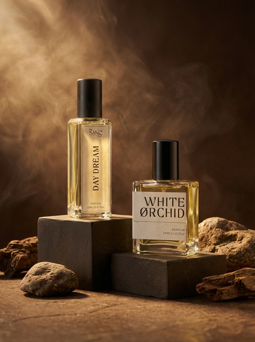 Two perfume bottles, 'Day Dream' and 'White Orchid', on stone plinths with a warm brown background.